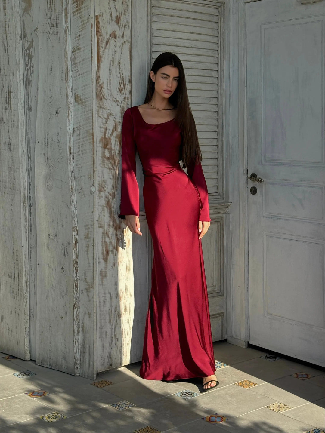 Anouk | Women's Long Sleeve Satin Maxi Dress with Draped Cowl Neck Detail