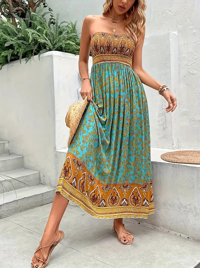 Zahara | Boho Tribal Print Strapless Womens Pleated Midi Dress
