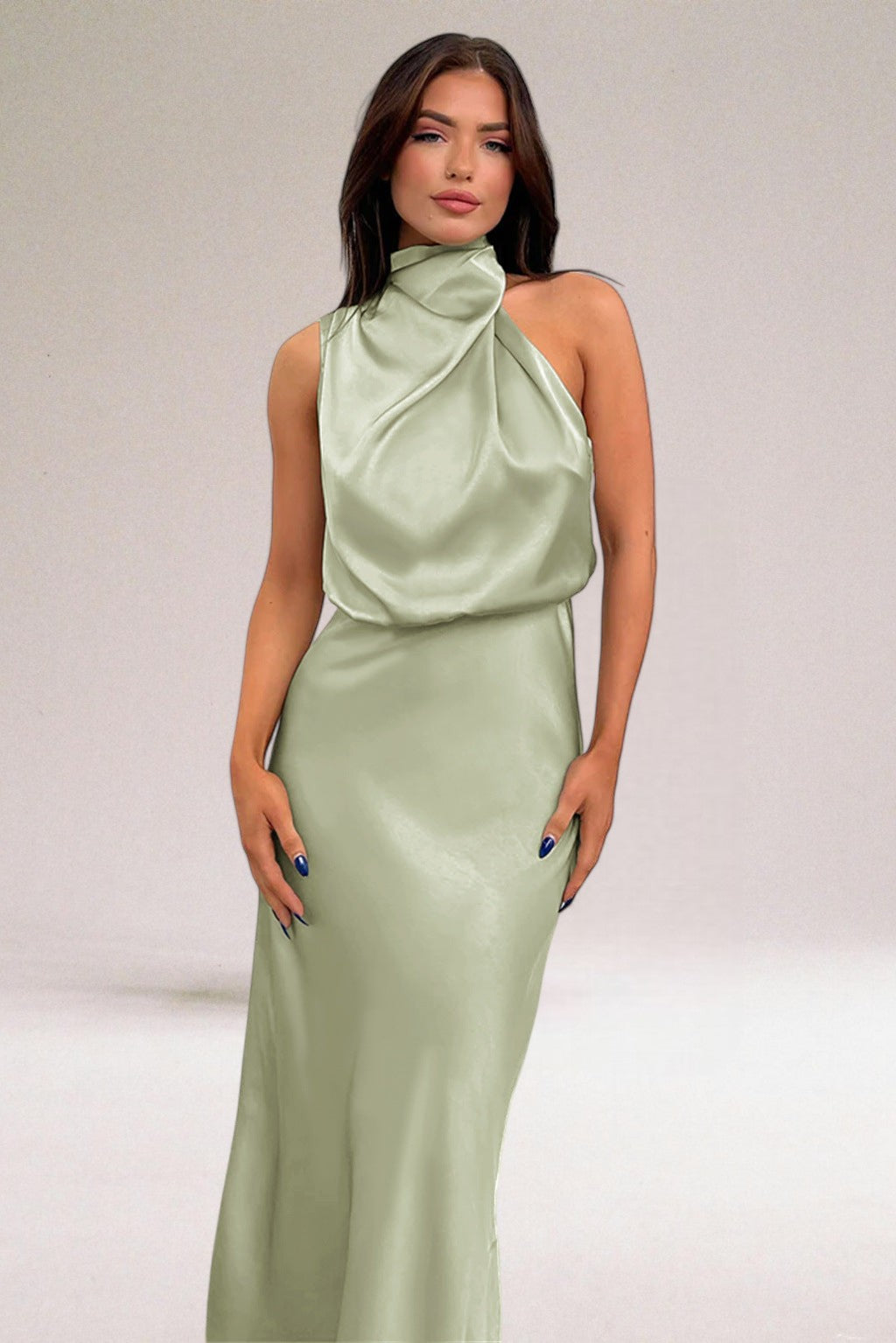 Veronique | Draped Blouson Satin Halter Neck Dress