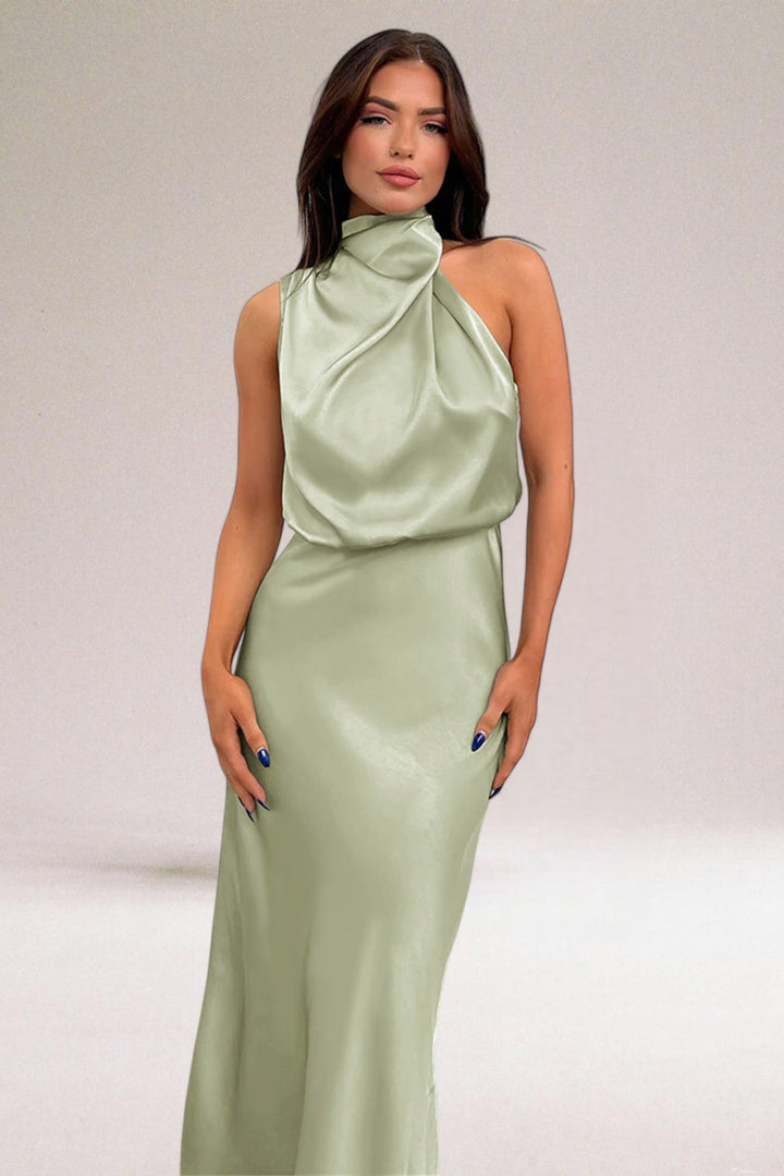 Veronique | Draped Blouson Satin Halter Neck Dress