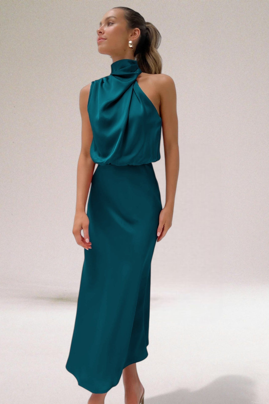 Veronique | Draped Blouson Satin Halter Neck Dress