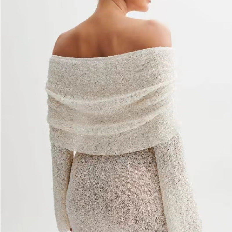 Margot | Boucle Knit Long Sleeve Off Shoulder Dress