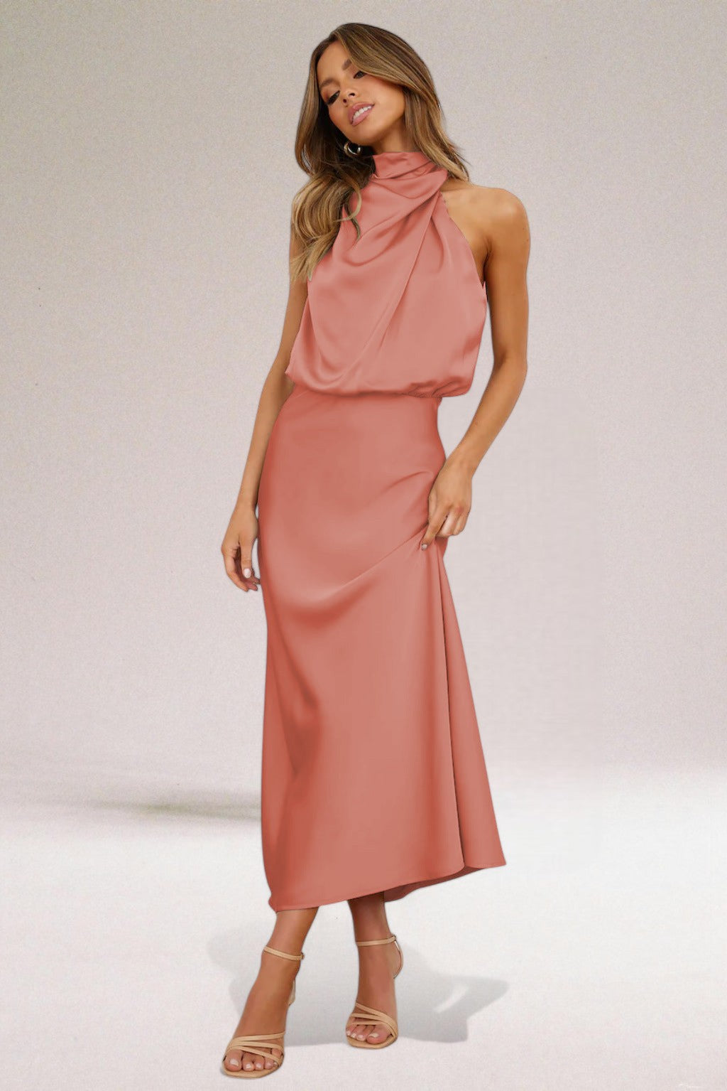 Veronique | Draped Blouson Satin Halter Neck Dress