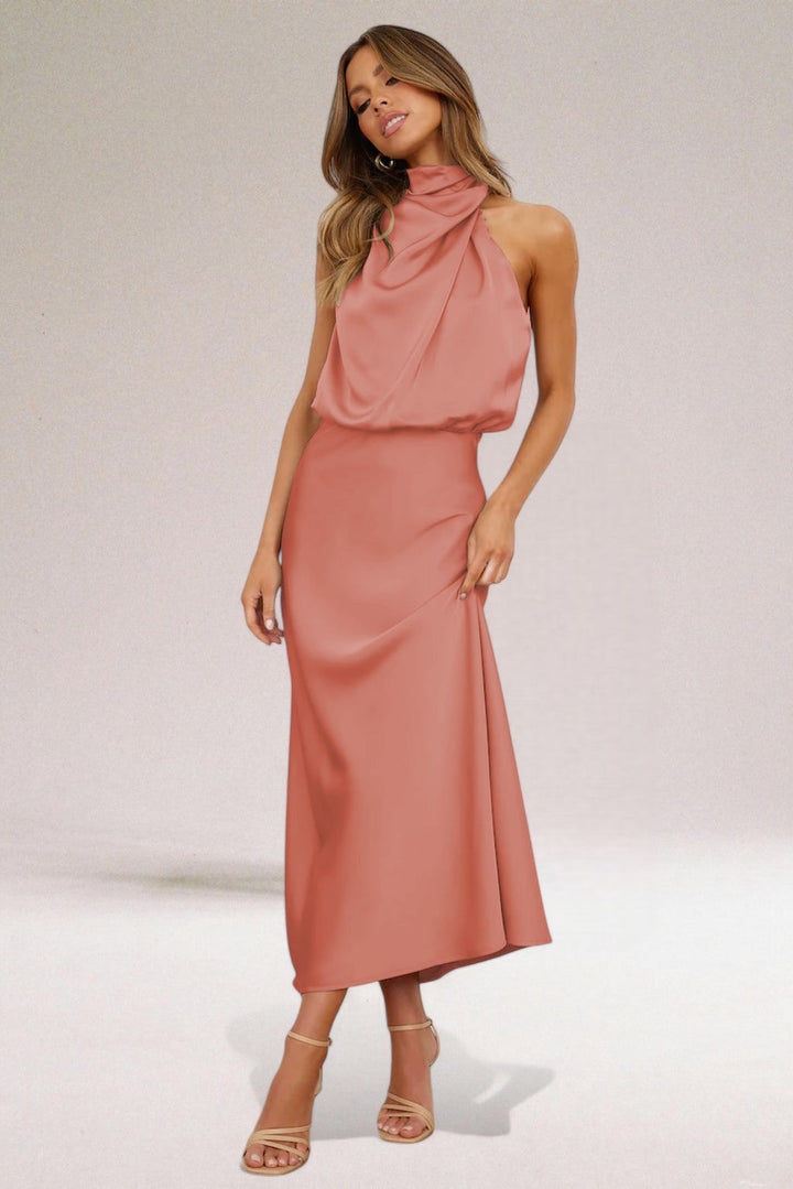 Veronique | Draped Blouson Satin Halter Neck Dress
