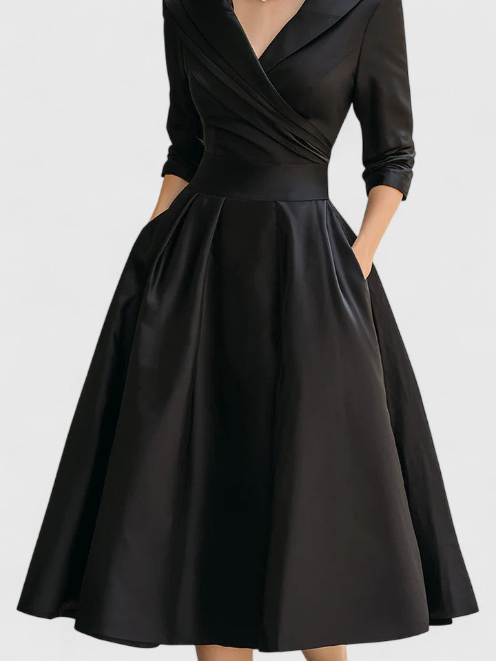 Audrey | Satin Wrap Collar Full Skirt Wedding Guest Dress