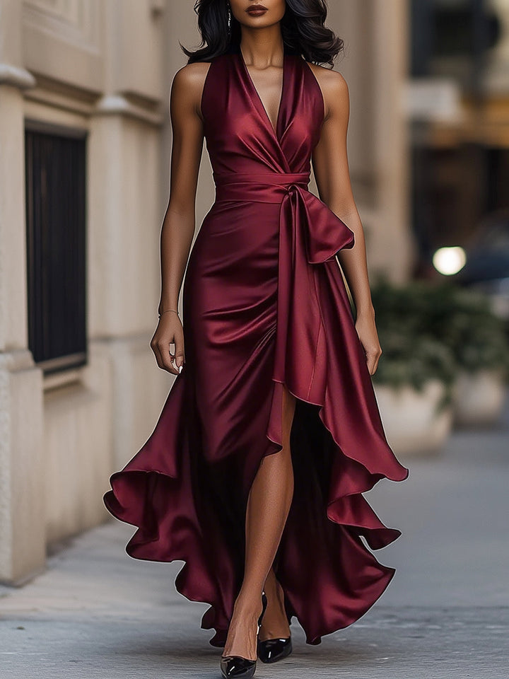 Lysette | Wrap V-Neck Bow Waist Ruffle Halter Neck Dress