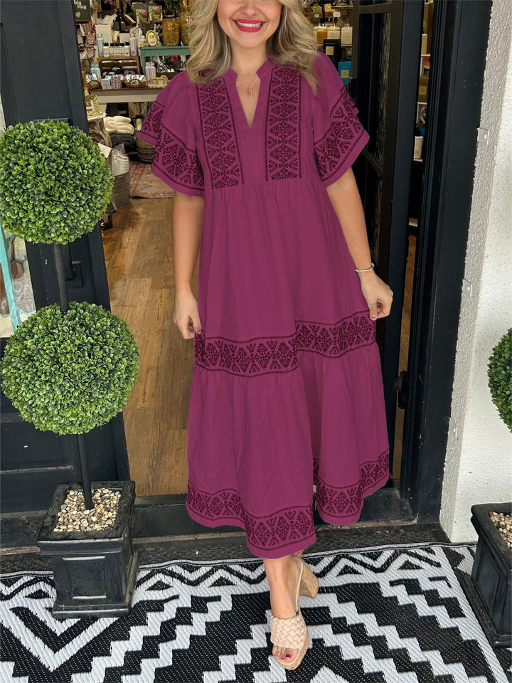 Zara | Geometric Embroidered Tiered Boho Dress with Flutter Sleeves