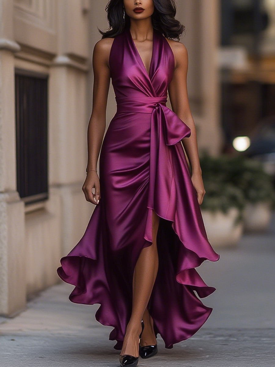 Lysette | Wrap V-Neck Bow Waist Ruffle Halter Neck Dress