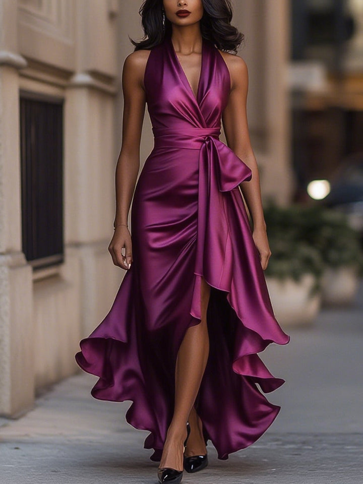Dominique | Satin Halter Wrap Bow Formal Maxi Dress