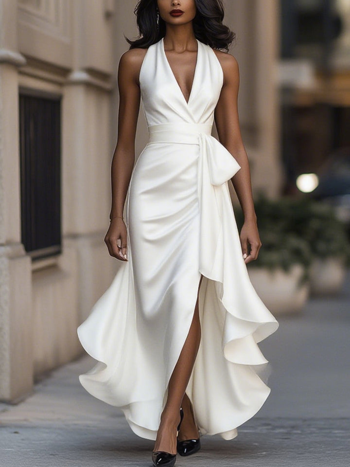 Dominique | Satin Halter Wrap Bow Formal Maxi Dress