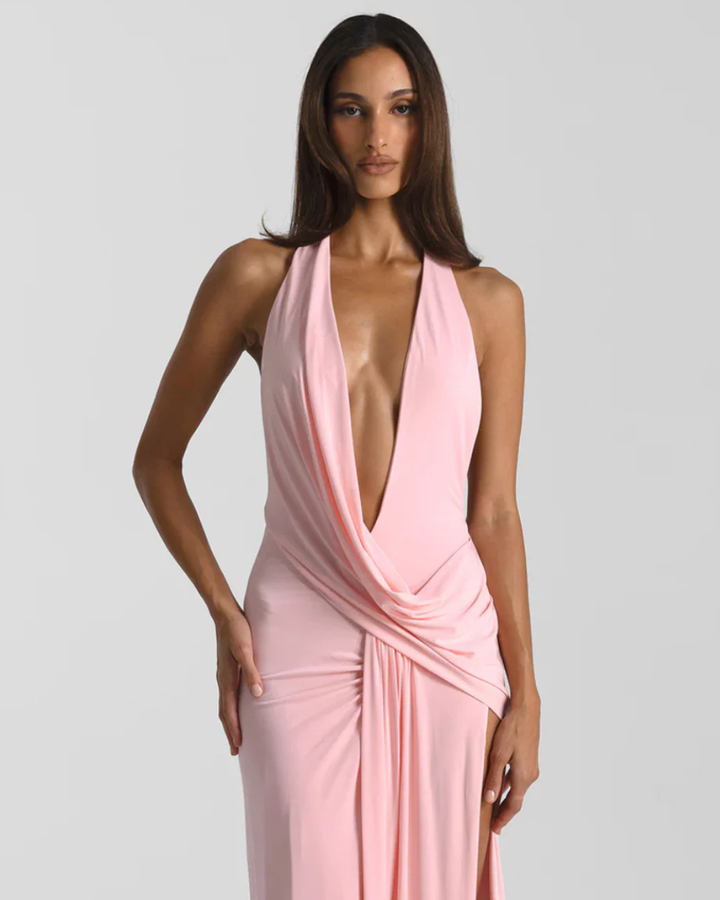 Isolde | Draped Cowl Neck Thigh Slit Halter Neck Dress
