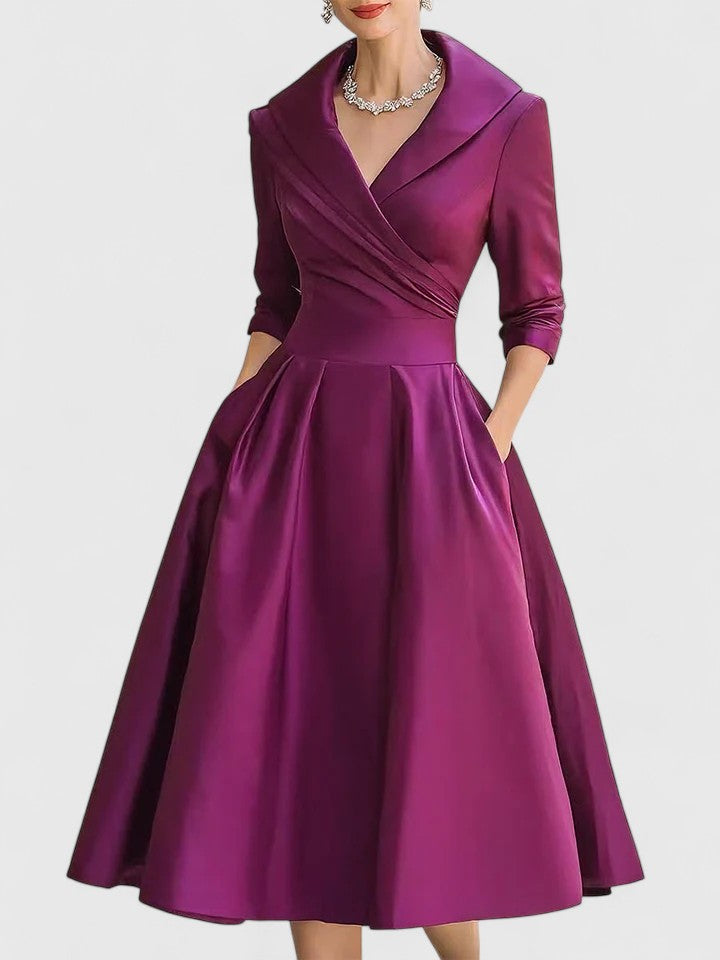 Audrey | Satin Wrap Collar Full Skirt Wedding Guest Dress