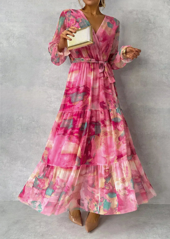 Marguerite | Women's Wrap V-Neck Tiered Maxi Dress with Tie Waist Detail