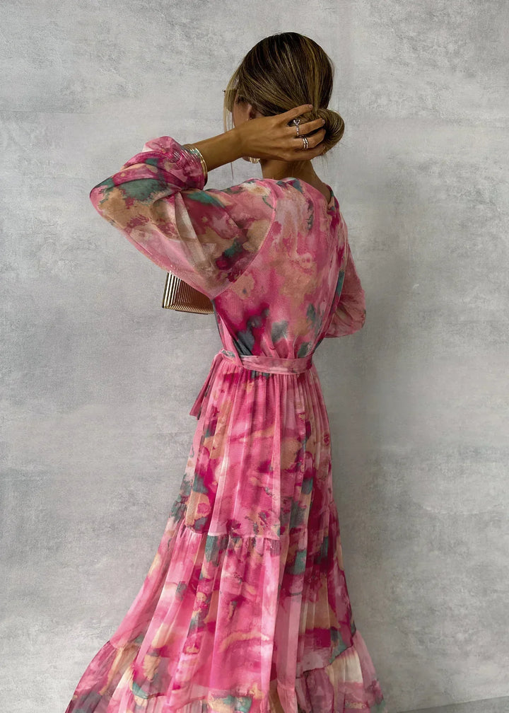 Marguerite | Women's Wrap V-Neck Tiered Maxi Dress with Tie Waist Detail