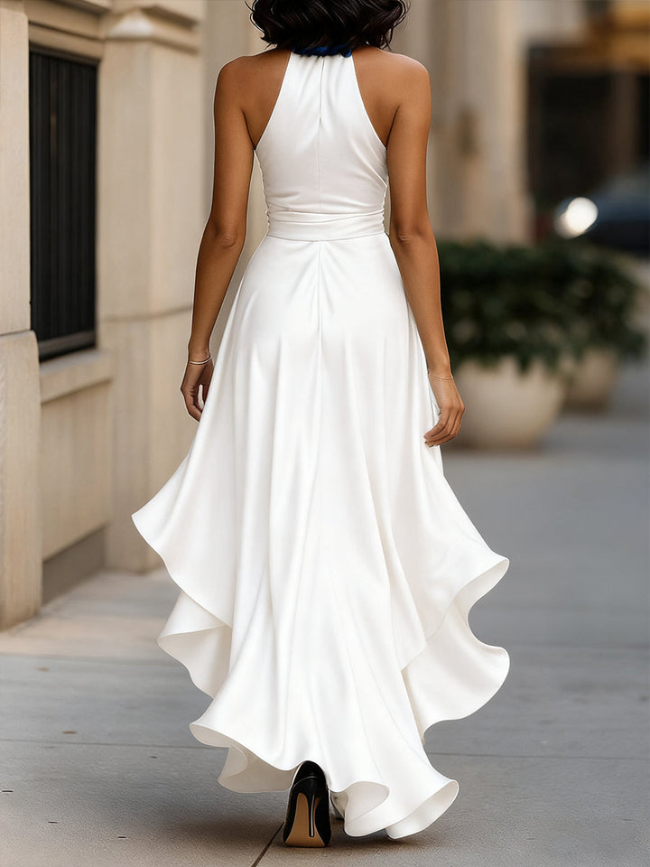 Dominique | Satin Halter Wrap Bow Formal Maxi Dress