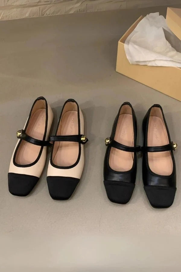 Coco | Two-Tone Cap Toe Mary Jane Orthopedic Flats with Gold Button