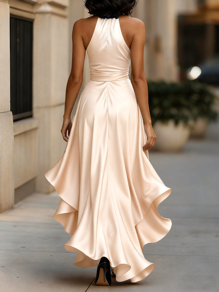 Dominique | Satin Halter Wrap Bow Formal Maxi Dress