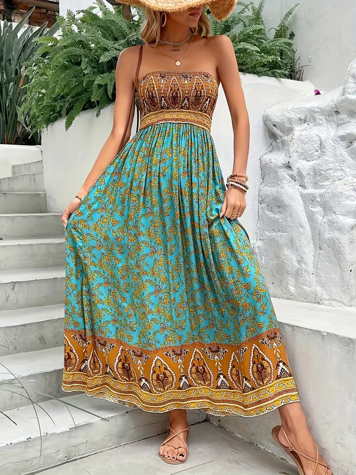 Zahara | Boho Tribal Print Strapless Womens Pleated Midi Dress