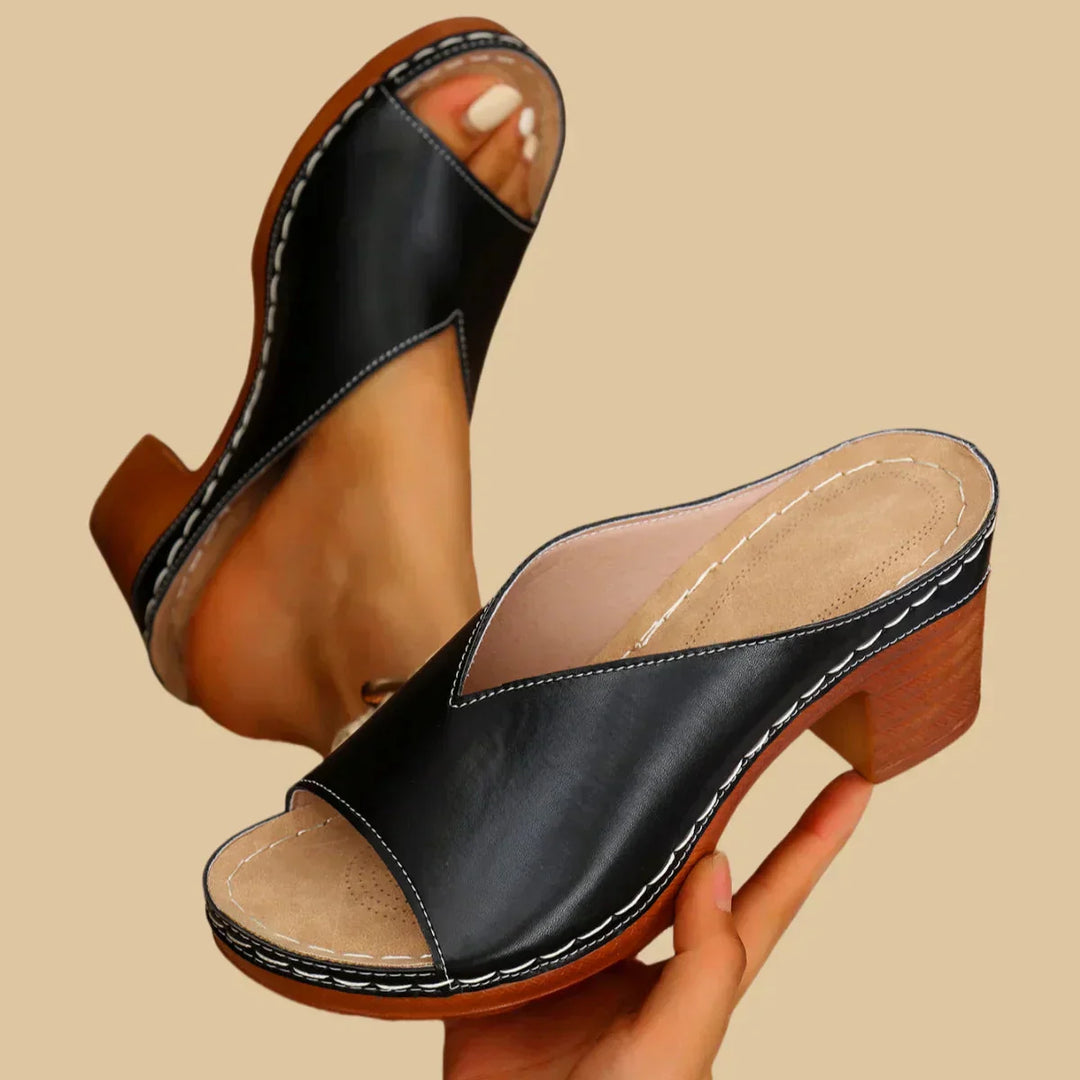 Delilah | Metallic Slip-On Sandals with Wooden Block Heel
