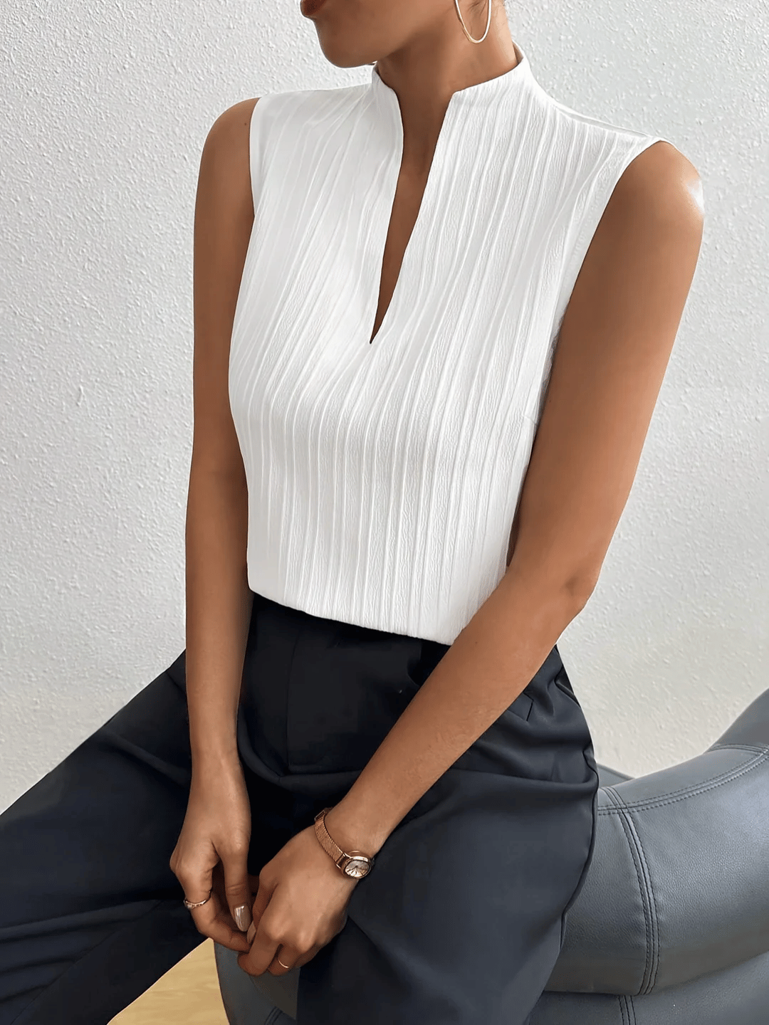 Riviera | Striped V-Neck Sleeveless Top with Stand Collar