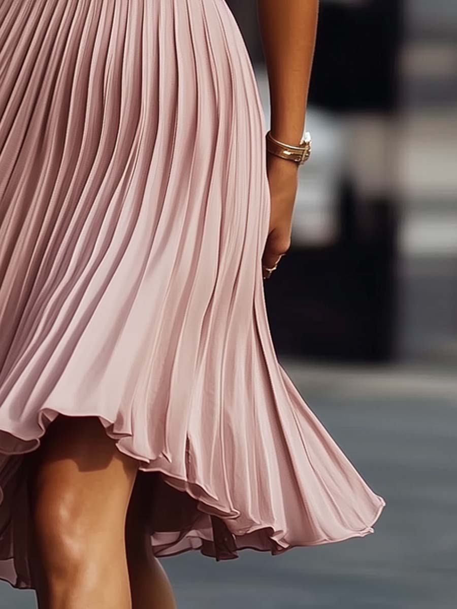 Valentina | Halter Neck Womens Pleated Midi Dress with Ruffle Hem