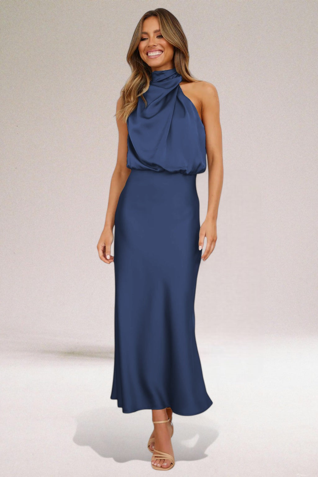 Veronique | Draped Blouson Satin Halter Neck Dress