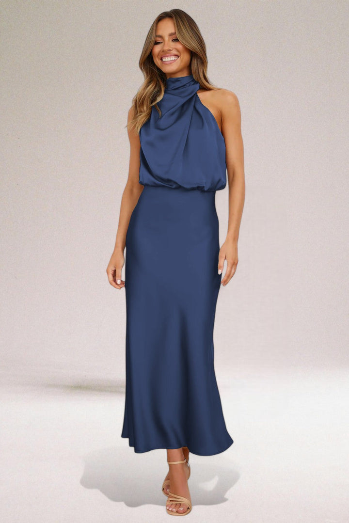 Veronique | Draped Blouson Satin Halter Neck Dress