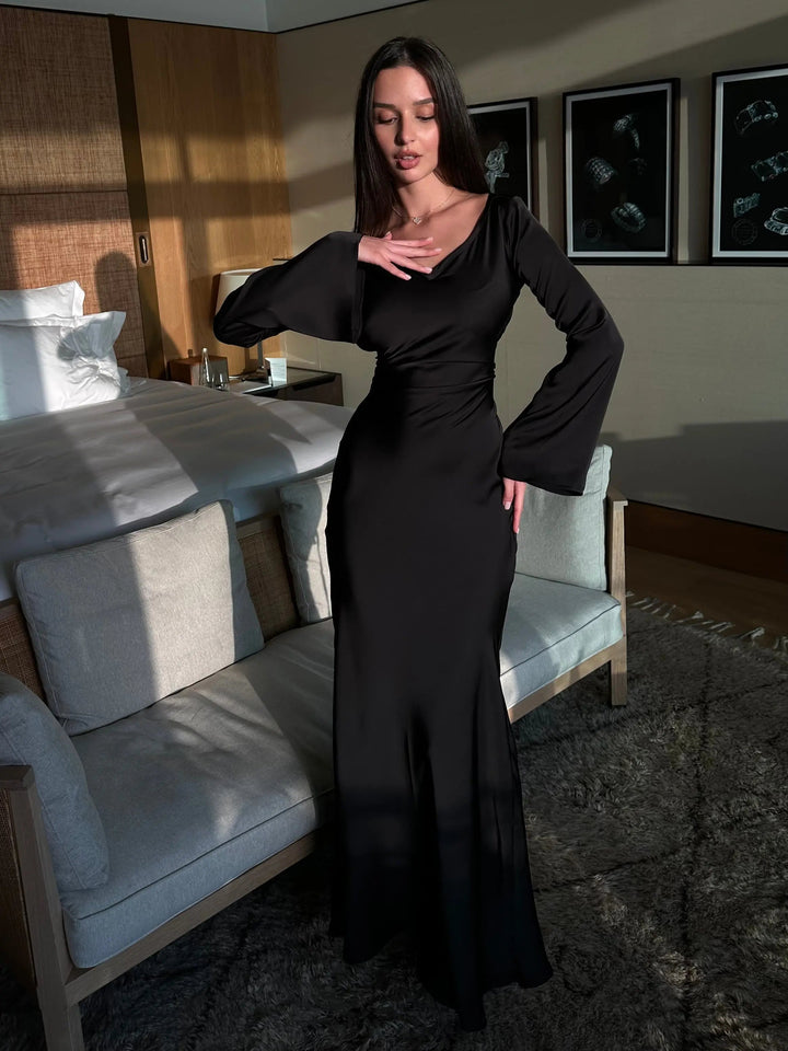 Anouk | Women's Long Sleeve Satin Maxi Dress with Draped Cowl Neck Detail