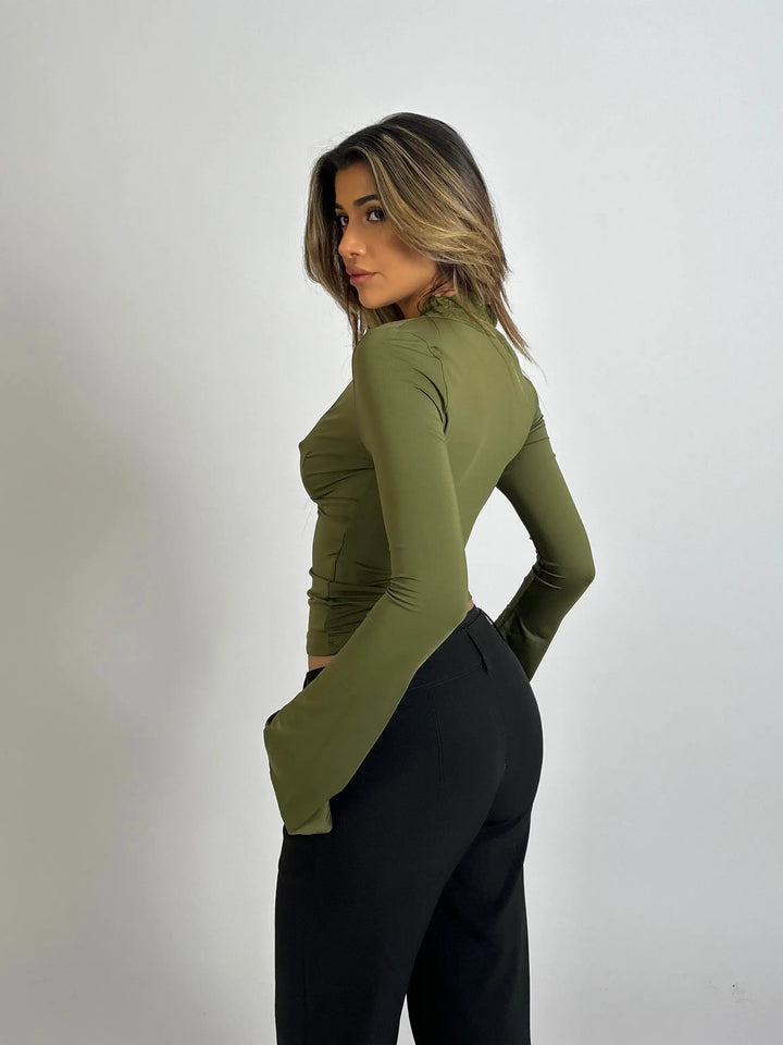 Isadora | Women's Long Sleeve Lace Trim Top with Deep V-Neckline