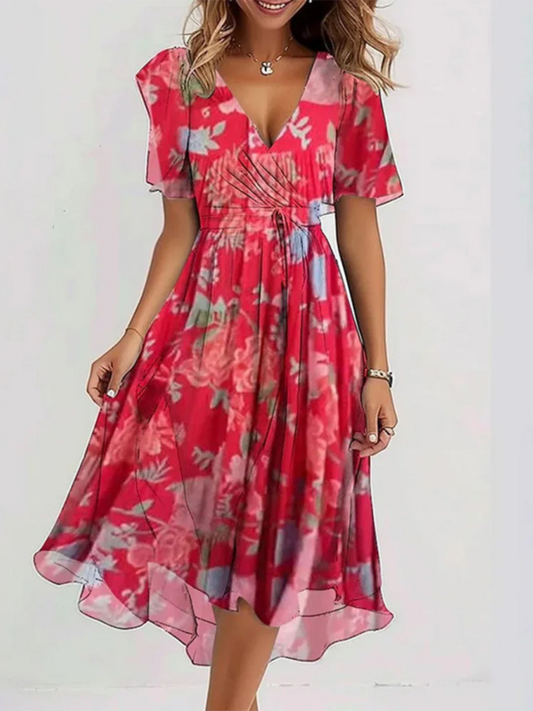Peony | Floral Wrap Midi Summer Dress with Flutter Sleeves