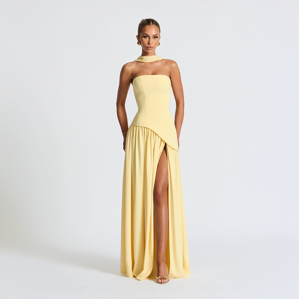 Odessa | Women's Strapless Maxi Dress with High Slit Detail