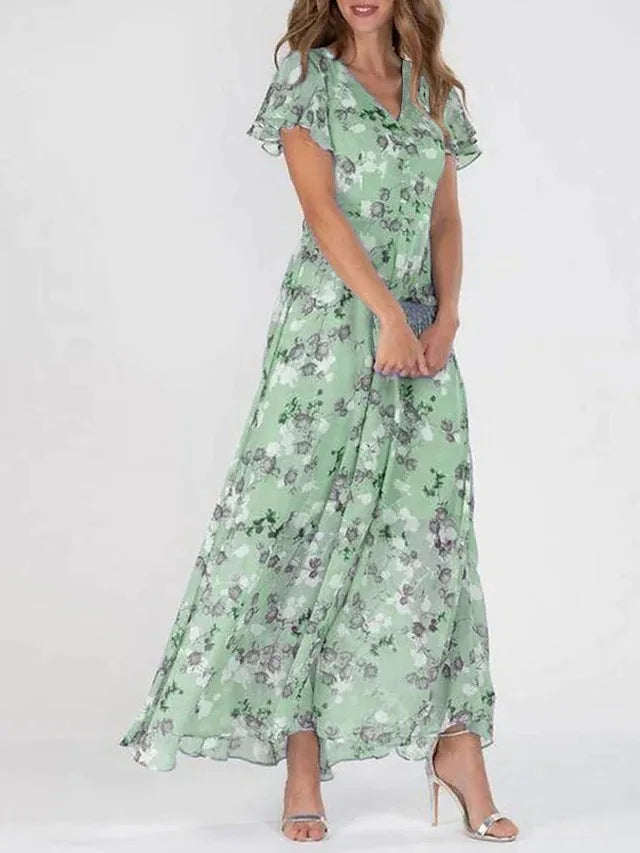 Florentine | Women's V-Neck Floral Maxi Dress with Ruffle Sleeve Detail