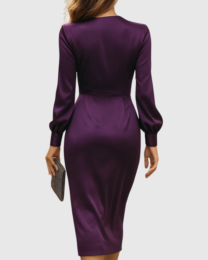 Marguerite | Satin Wrap Tie Waist Long Sleeve Cocktail Dress