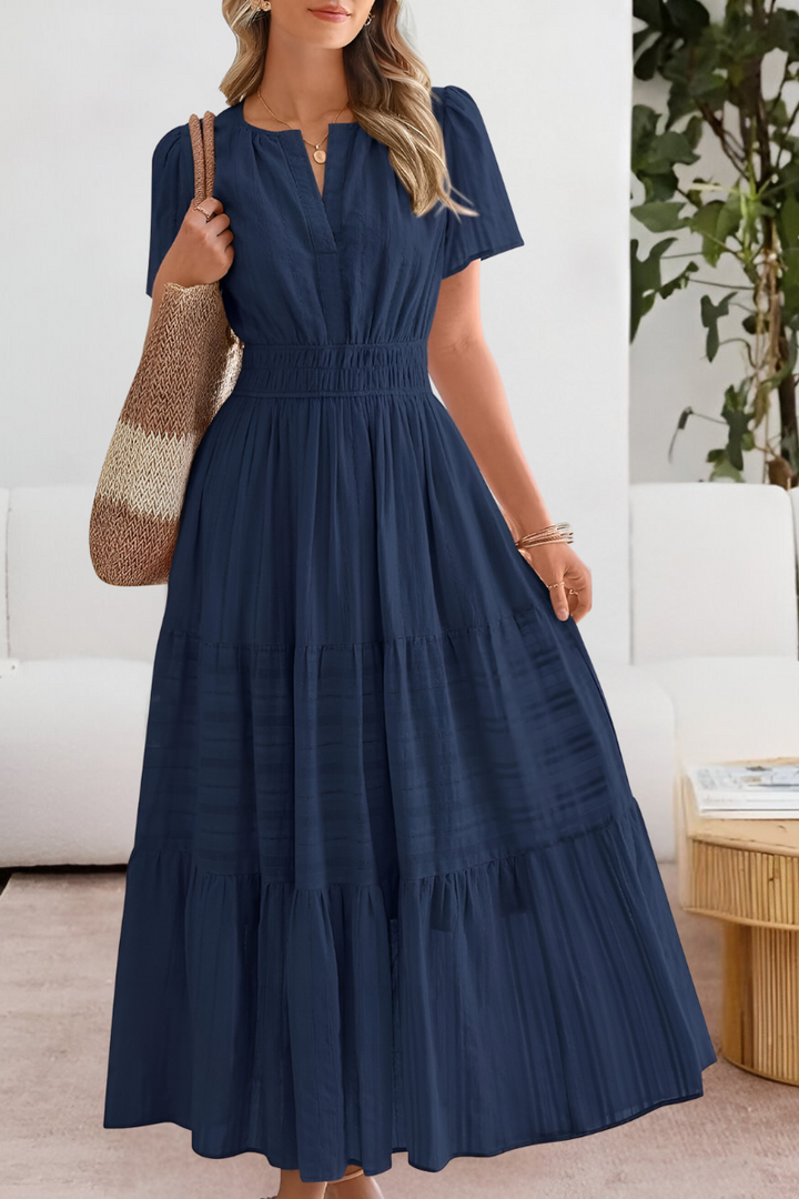 Sunniva | Notch Neck Flutter Sleeve Tiered Boho Dress with Smocked Waist