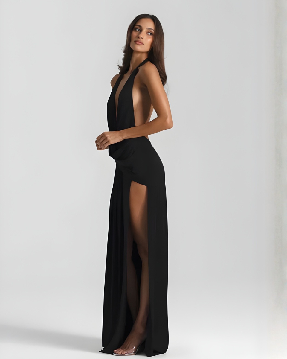 Isolde | Draped Cowl Neck Thigh Slit Halter Neck Dress