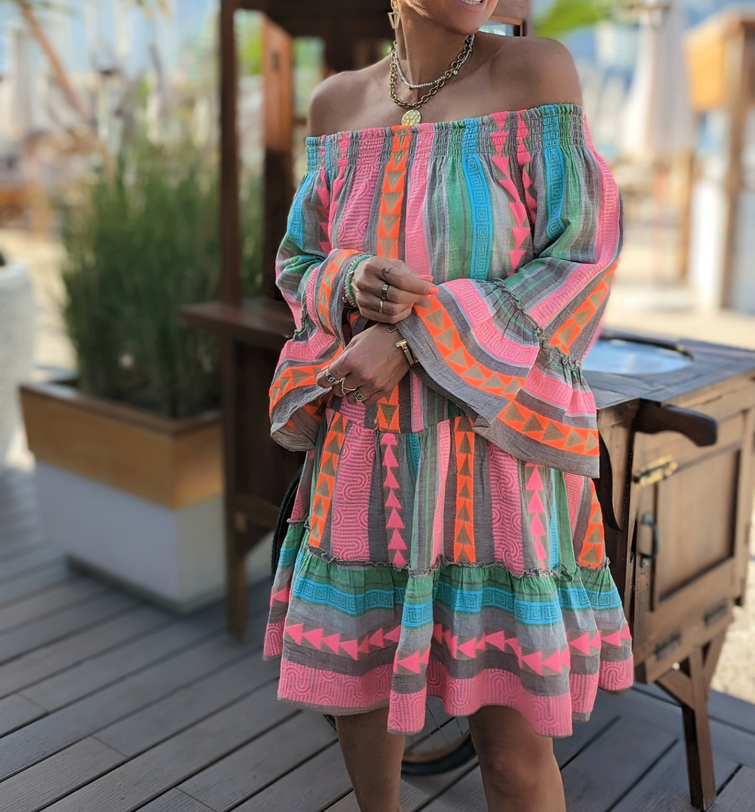 Zara | Aztec Print Flare Sleeve Off Shoulder Dress