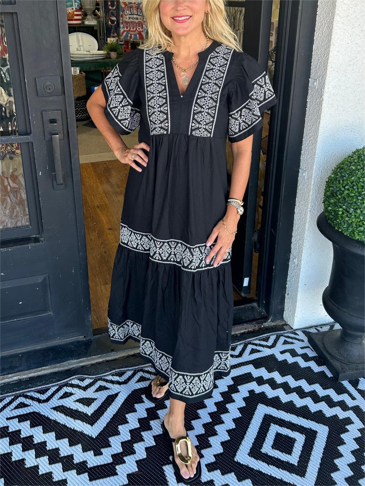 Zara | Geometric Embroidered Tiered Boho Dress with Flutter Sleeves