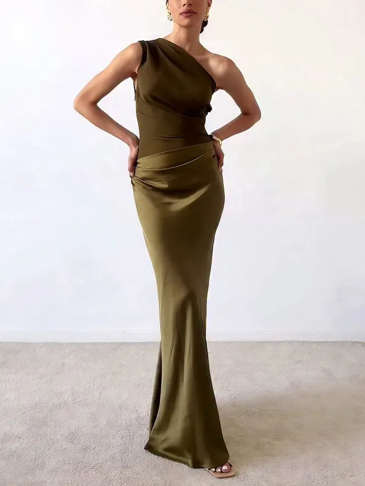 Serena | Ruched Satin One Shoulder Off Shoulder Dress