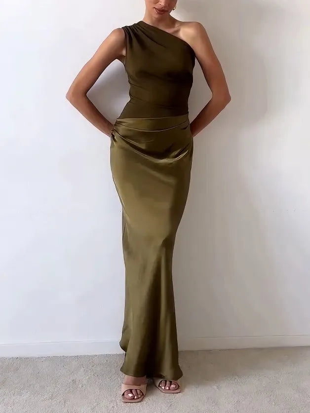 Serena | Ruched Satin One Shoulder Off Shoulder Dress