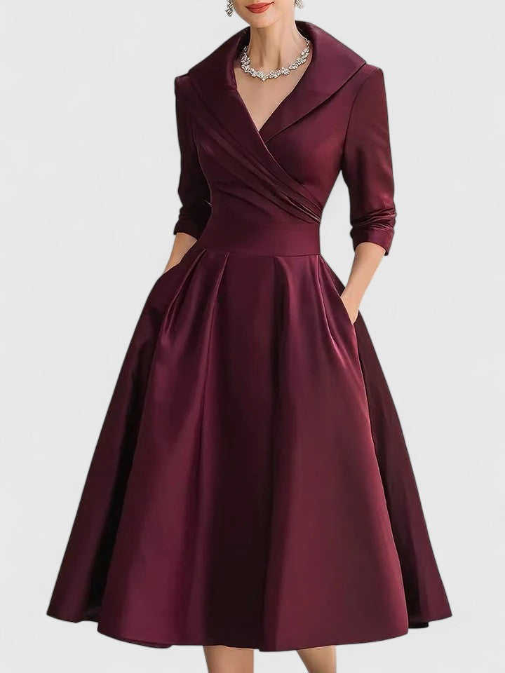 Audrey | Satin Wrap Collar Full Skirt Wedding Guest Dress