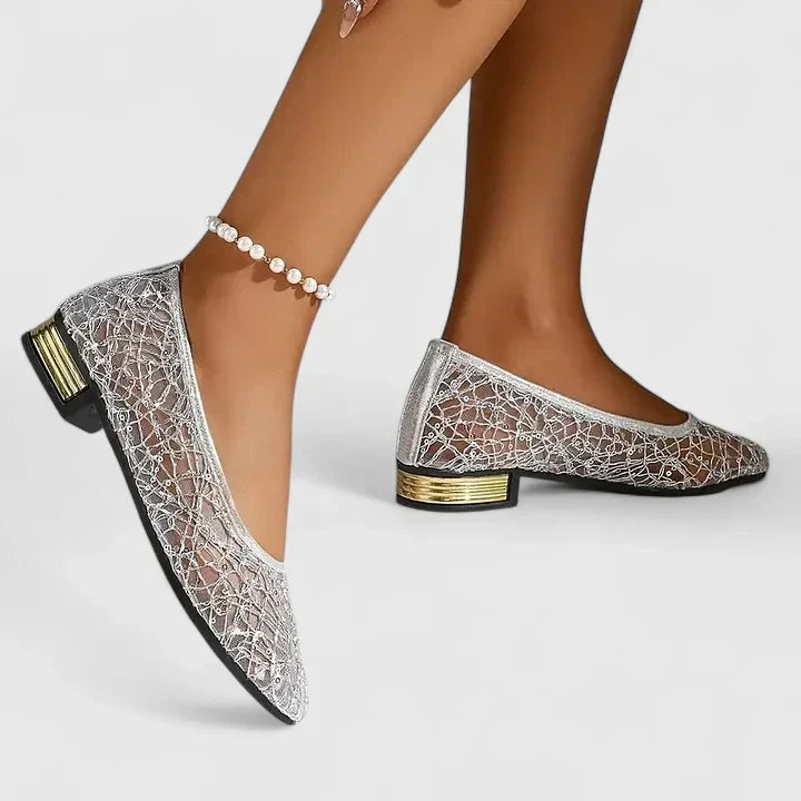 Glinda | Metallic Lace Pointed Toe Orthopedic Flats with Gold Heel