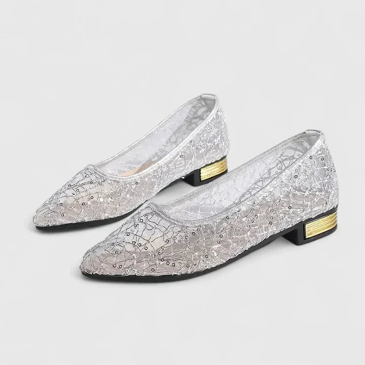 Glinda | Metallic Lace Pointed Toe Orthopedic Flats with Gold Heel