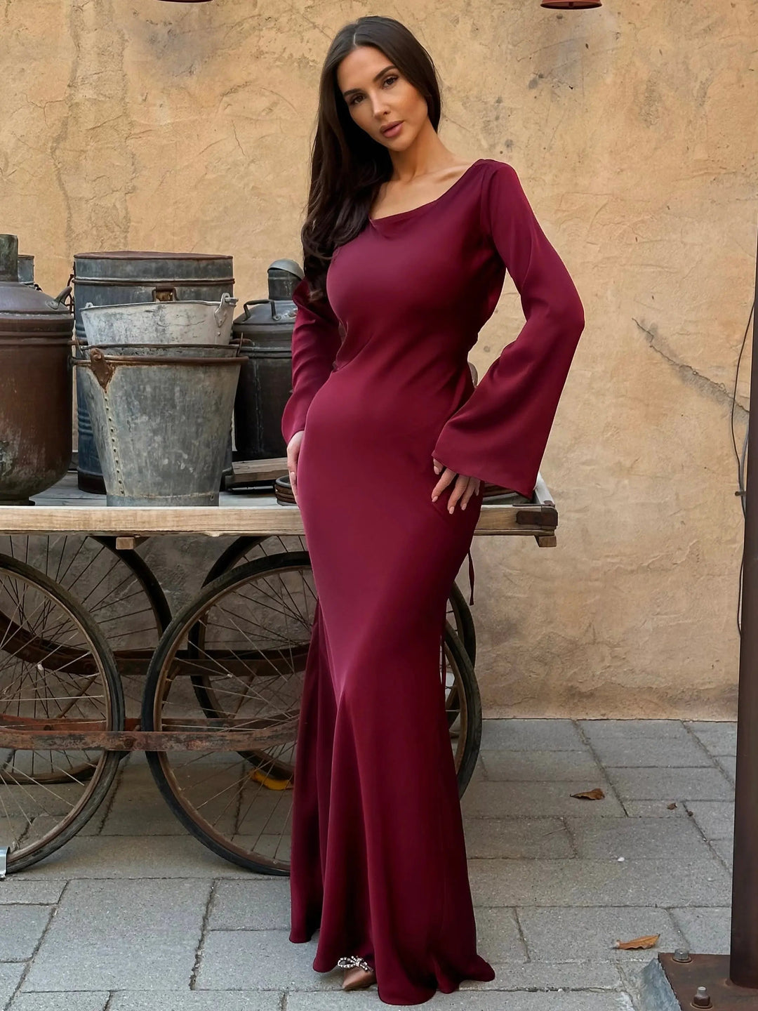 Anouk | Women's Long Sleeve Satin Maxi Dress with Draped Cowl Neck Detail