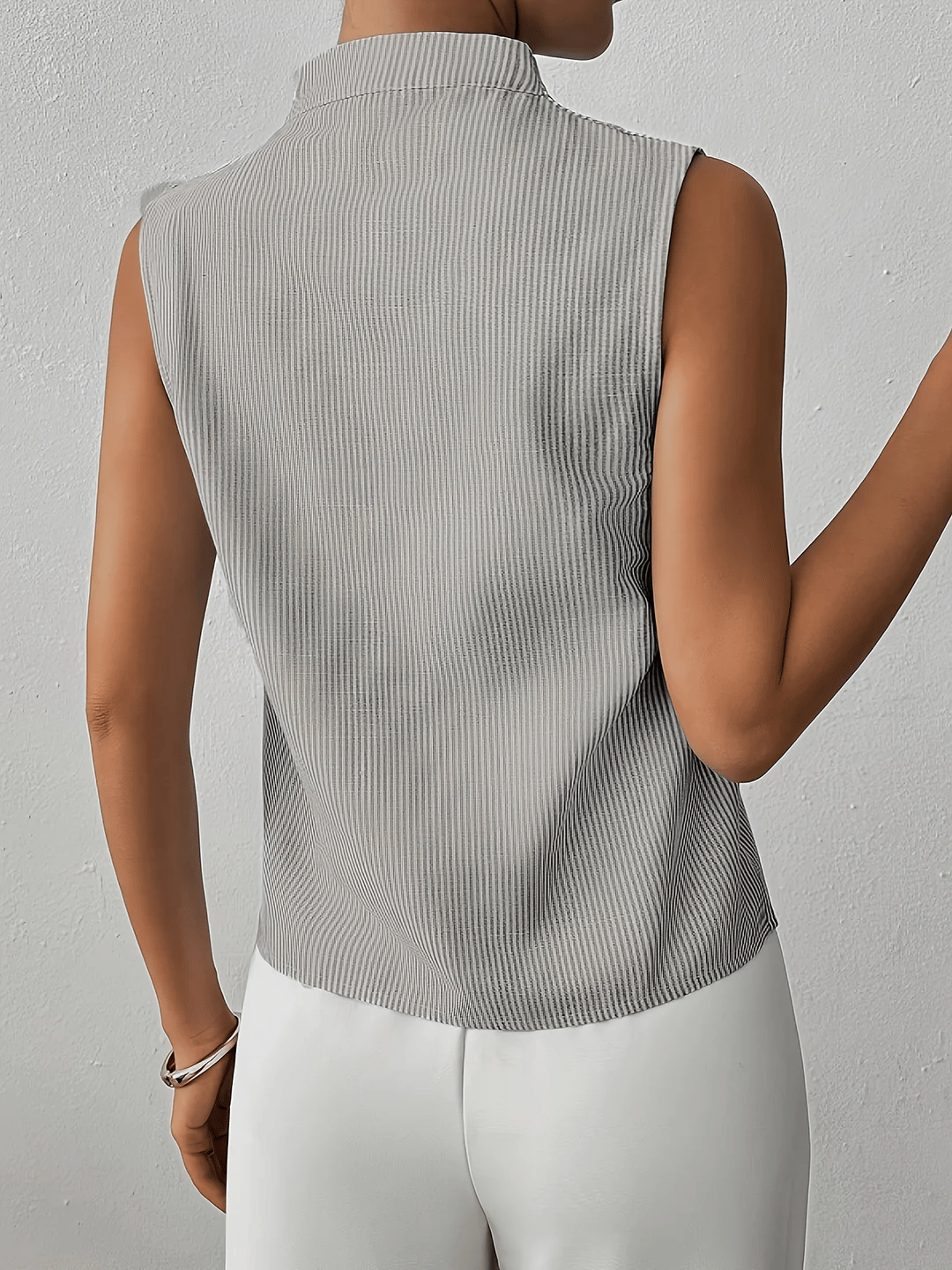 Riviera | Striped V-Neck Sleeveless Top with Stand Collar