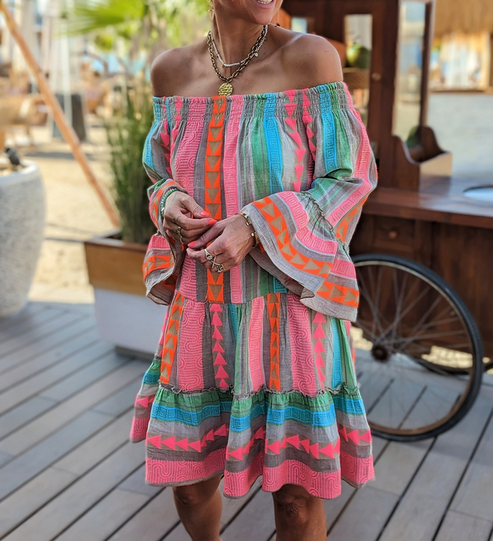 Zara | Aztec Print Flare Sleeve Off Shoulder Dress