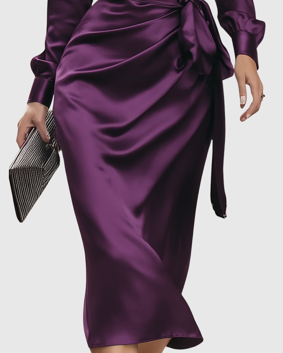 Marguerite | Satin Wrap Tie Waist Long Sleeve Cocktail Dress