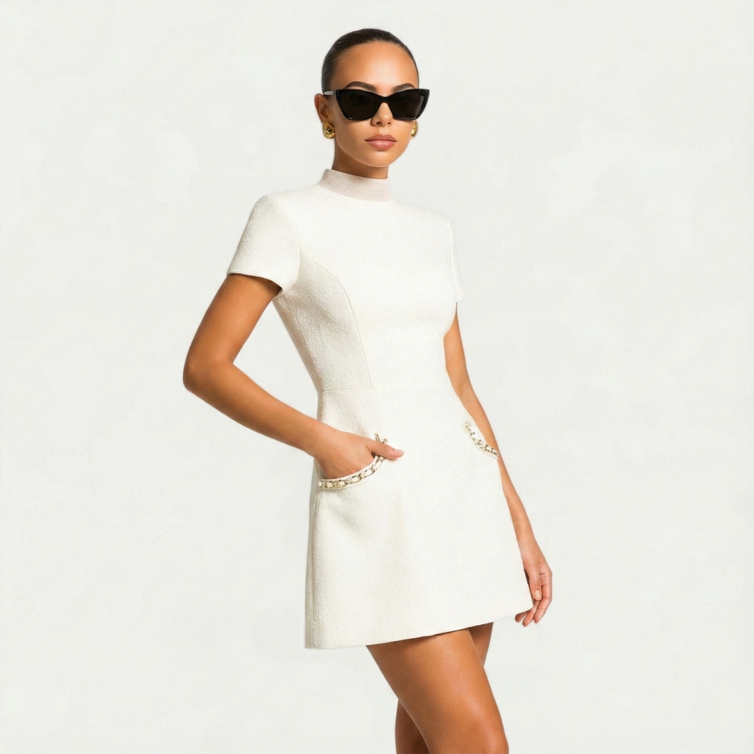 Madeleine | Pearl Trim Tweed Mini Cocktail Dress with Pocket Detail