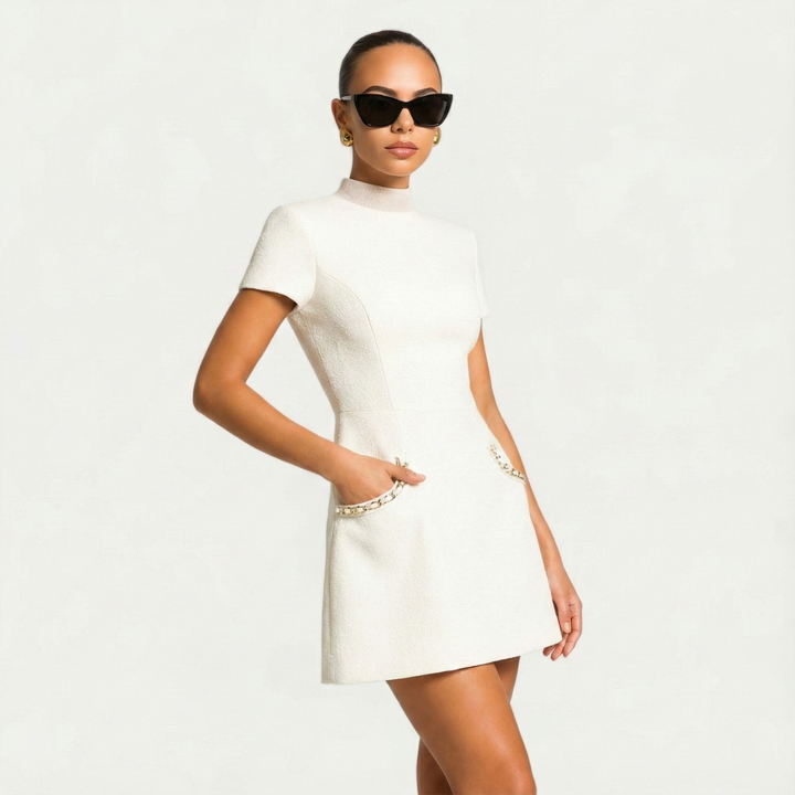 Madeleine | Pearl Trim Tweed Mini Cocktail Dress with Pocket Detail