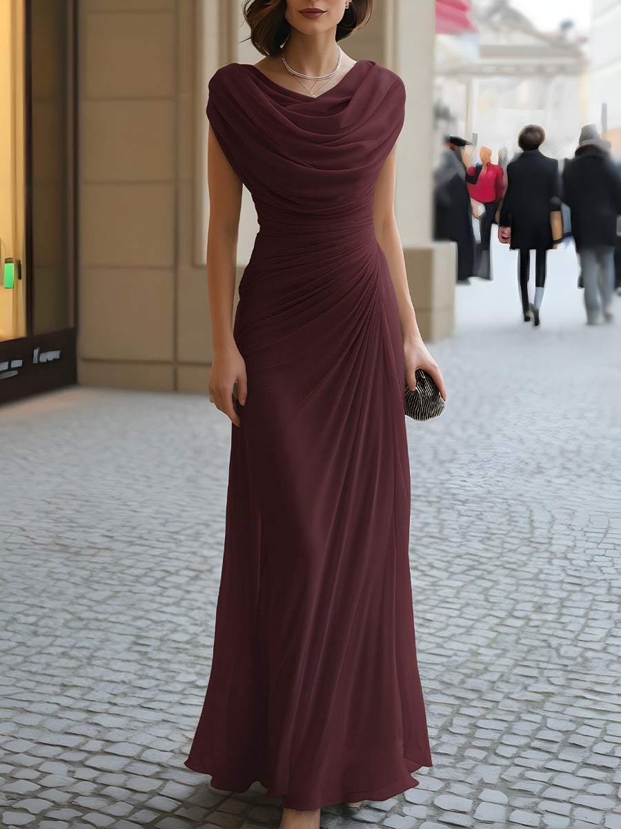 Athena | Cowl Neck Ruched Sleeveless Chiffon Maxi Dress