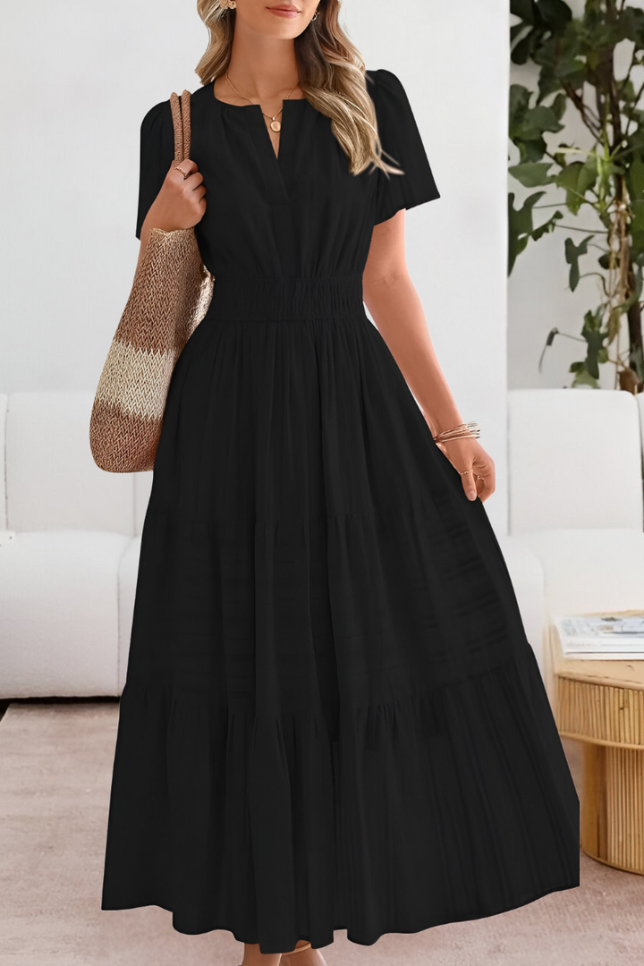 Sunniva | Notch Neck Flutter Sleeve Tiered Boho Dress with Smocked Waist